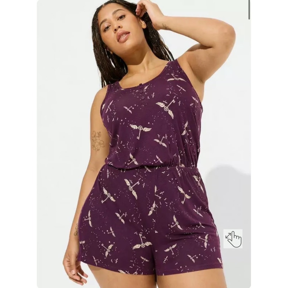 Torrid Harry Potter Flying Keys Sleep Romper Purple Henley Pajamas Plus Size 2
